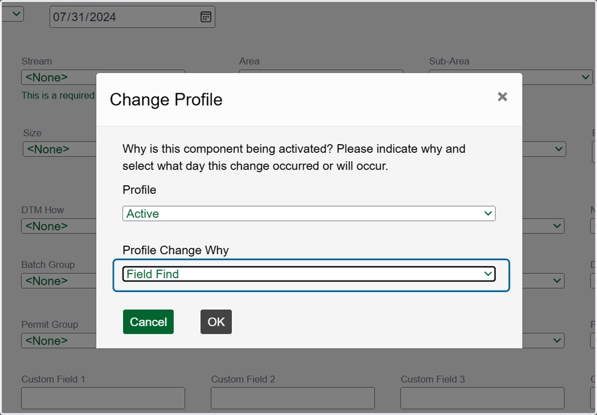 Choose the reason for adding this new component in the Profile Change Why dropdown.