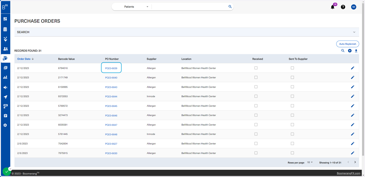Each purchase order number (PO number) in the list shown below is a hyperlink which allows users to view the purchase order receipt