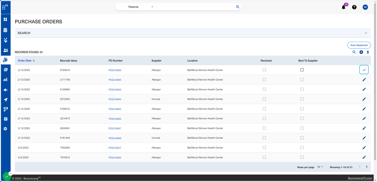 To edit an existing purchase order's status, the user will click on the edit icon shown below