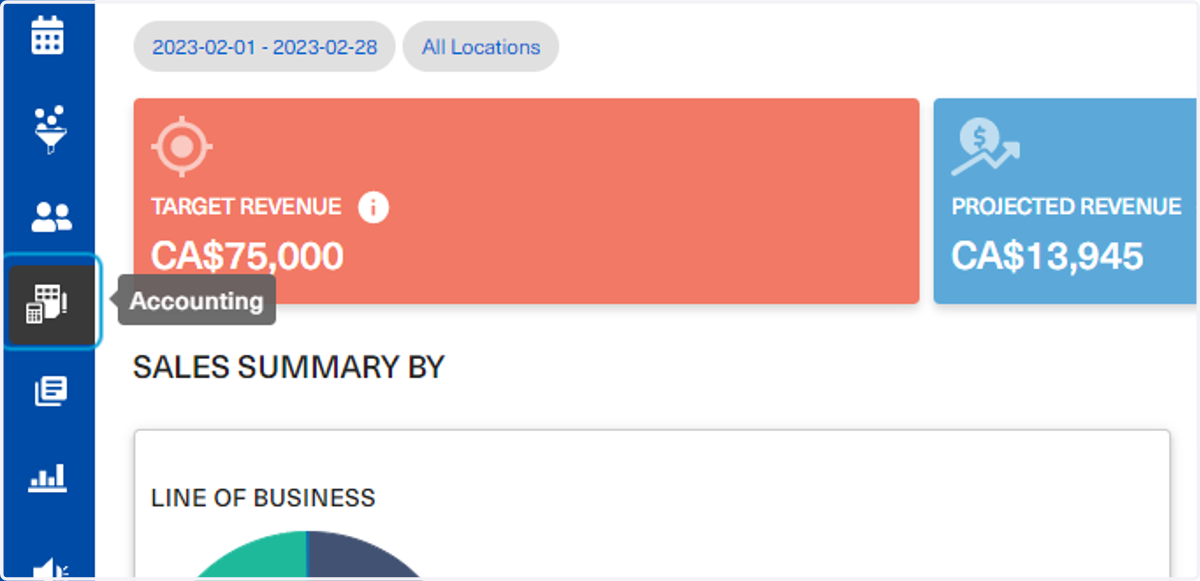 To access the accounting selection options, click on Accounting on the left bar menu