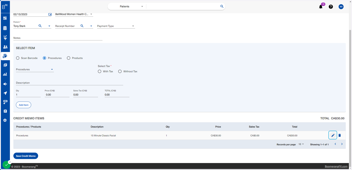 The credit memo will populate at the bottom as shown below. To Edit, click on the pencil icon on the right.