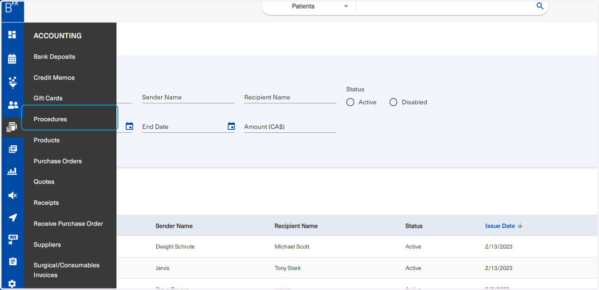 To access procedures, click on Accounting, then on Procedures