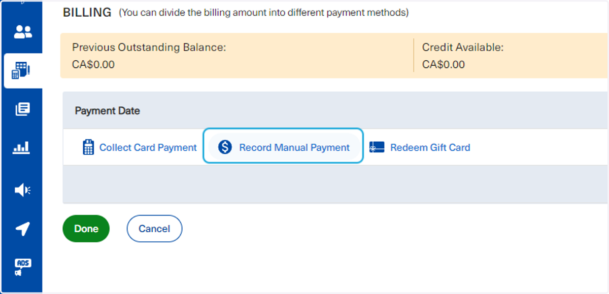 Users may also Record a Manual Payment as shown earlier