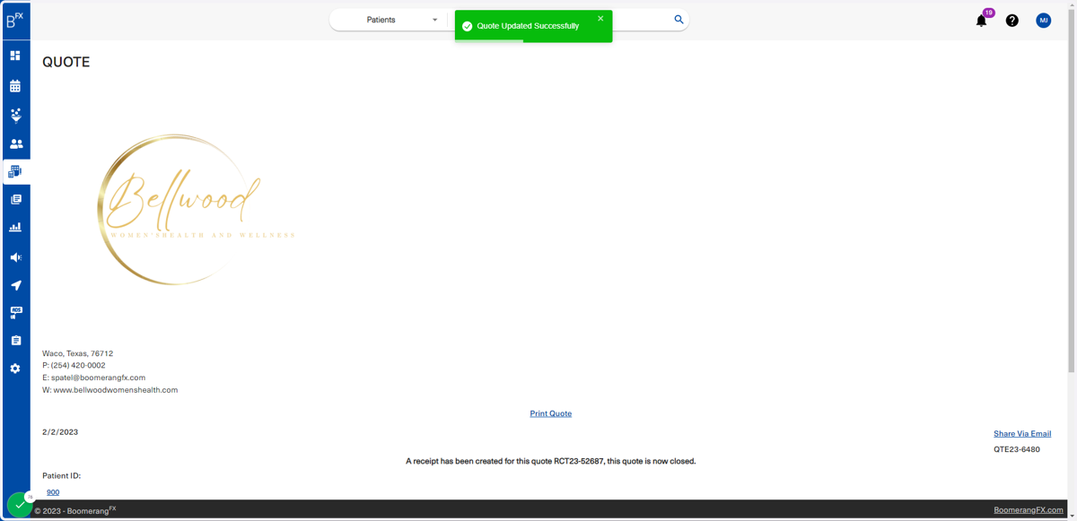 A green dropdown will appear confirming that the quote has been updated and this page will show the quote's details as the patient would see it.