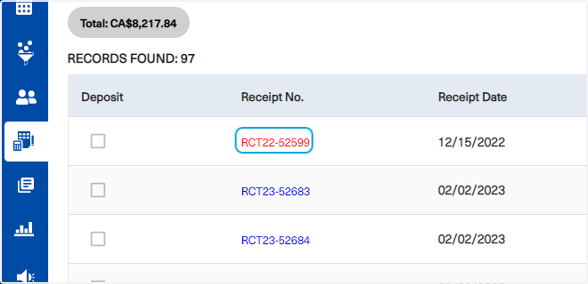 Click on the receipt number link to view it