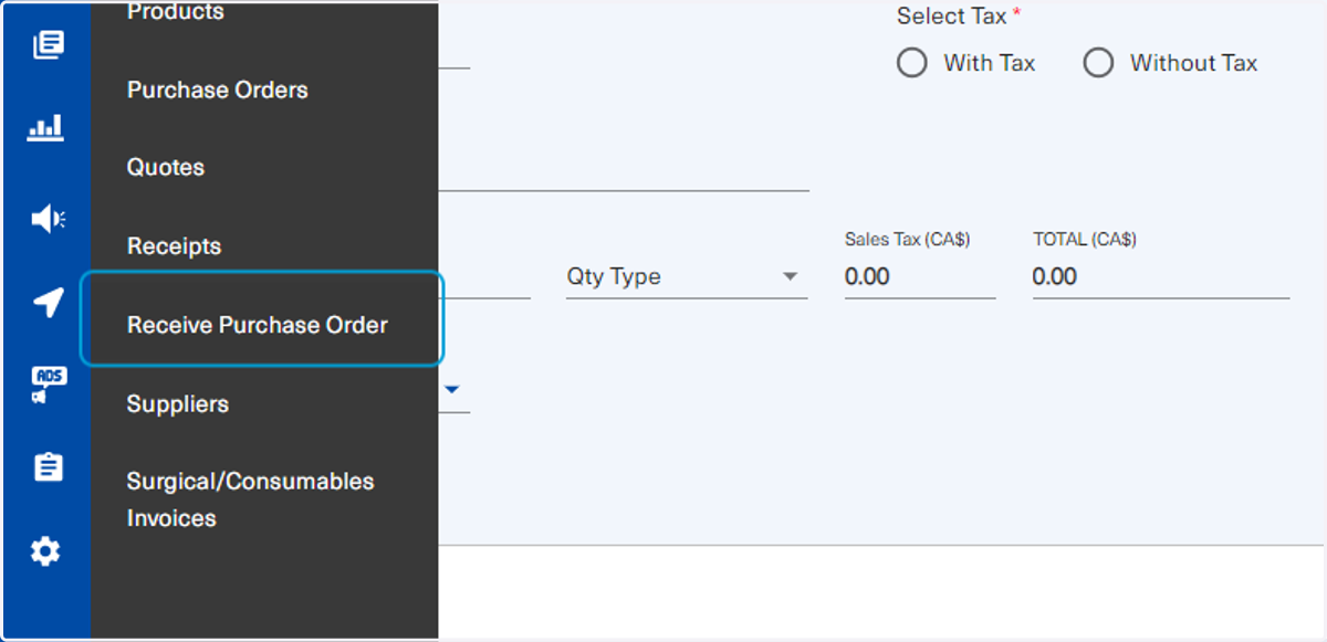 To Receive a Purchase Order, click on Accounting then on the option shown below