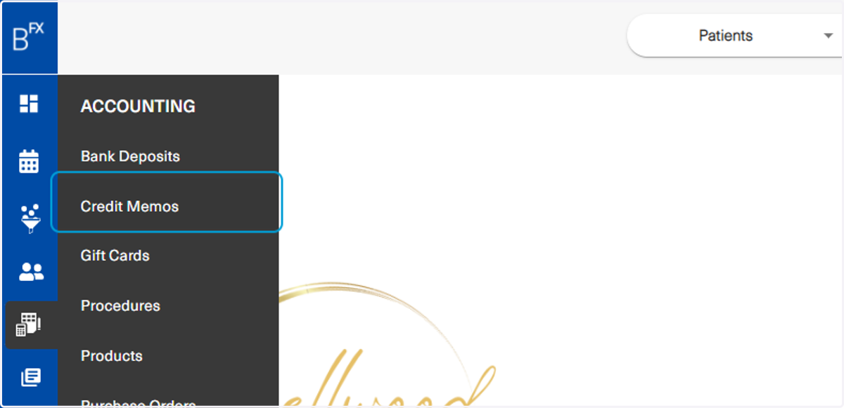 To view the credit memos in accounting, click on the accounting label in the left bar menu and then on Credit Memos