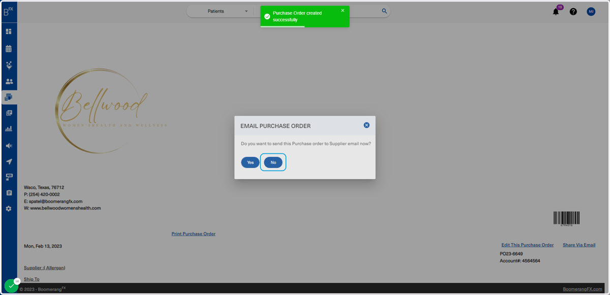 The user has the option to email the PO to the supplier