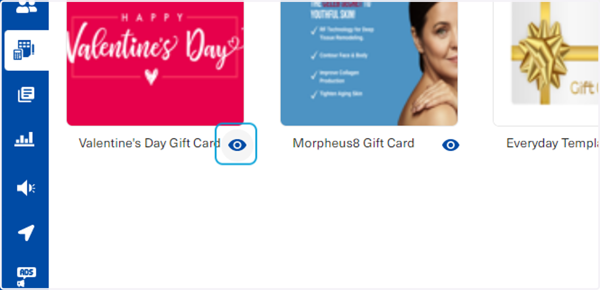 To preview a gift card that has been previously created under Setup, click on the preview icon as shown below