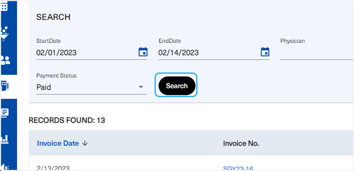 To view the Paid Invoices, select it from the dropdown and click on Search