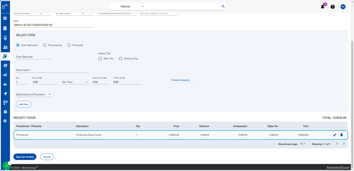The user will be redirected to receipts and the receipt information will be automatically populated in the bottom table for review