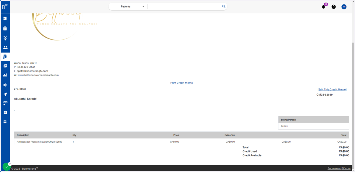 This is a preview of the credit memo