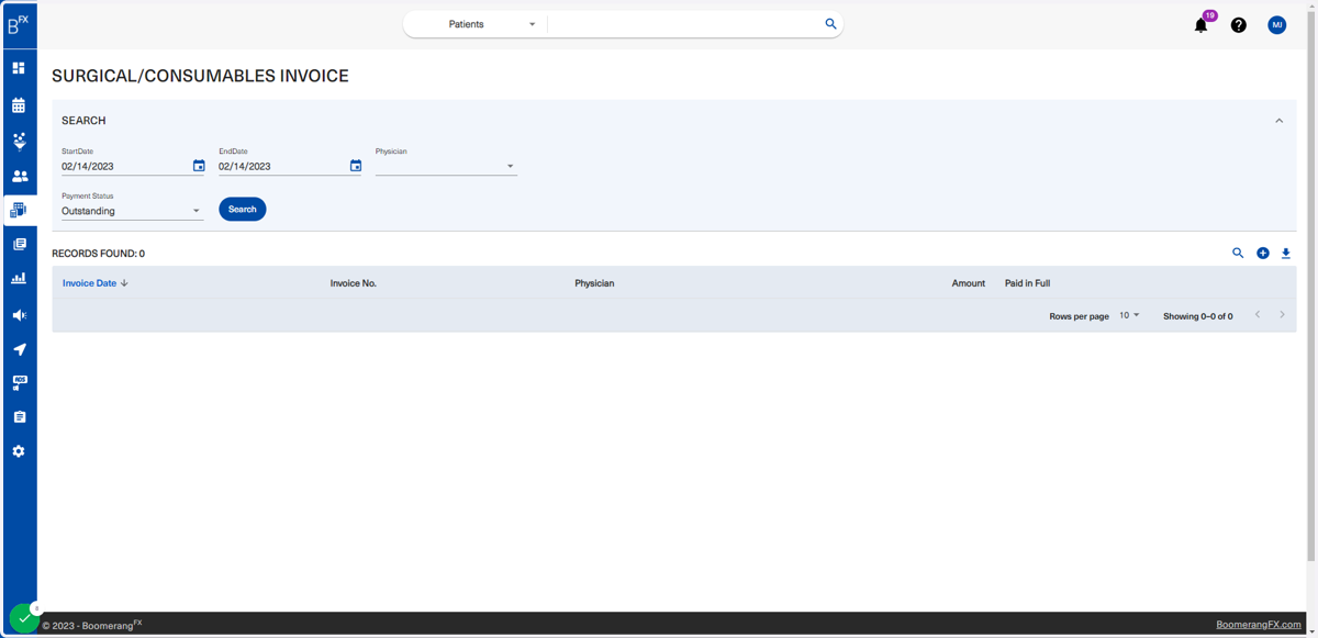 This page allows users to view, add, edit, and delete all invoices created for all consumables used within the clinic