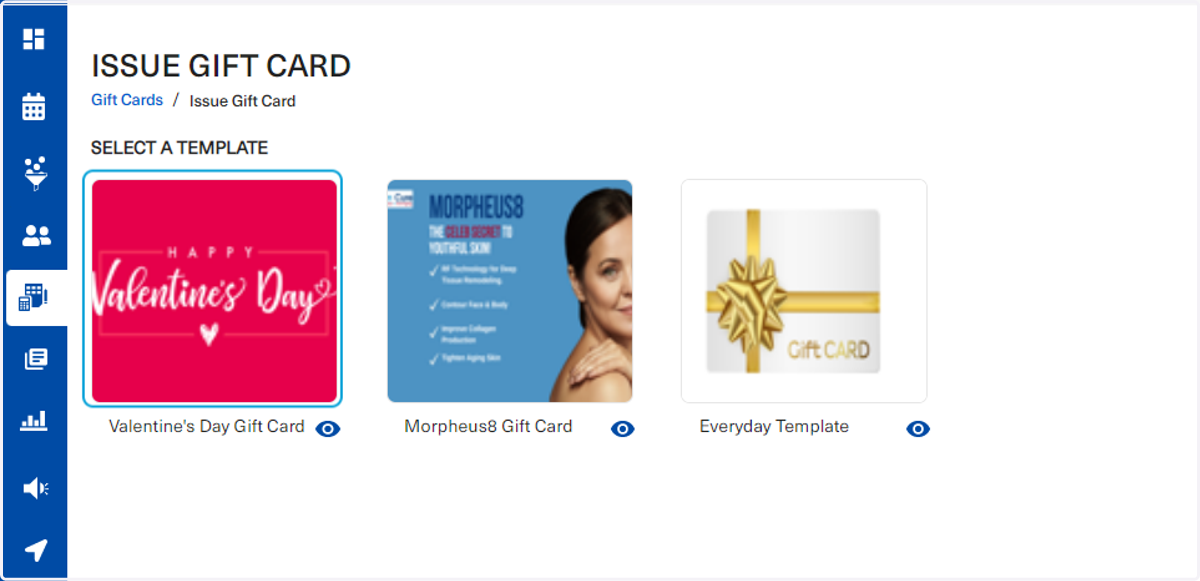 Click on the template you wish to issue the gift card in