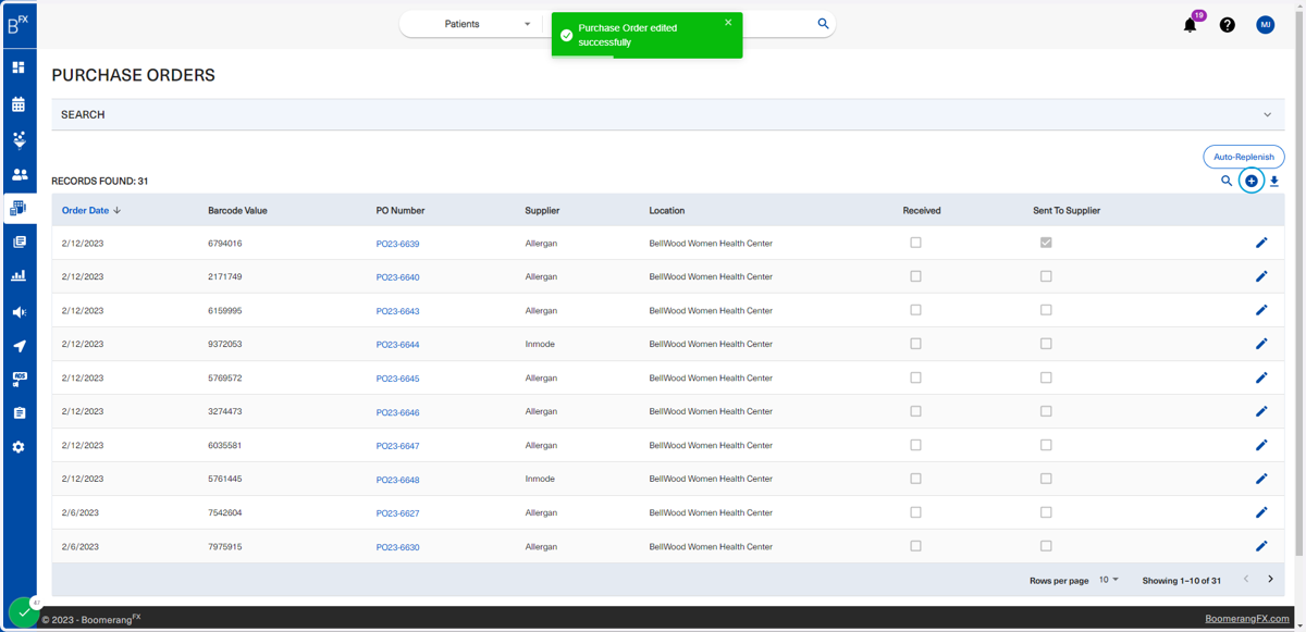 To create a new purchase order, click on the plus sign