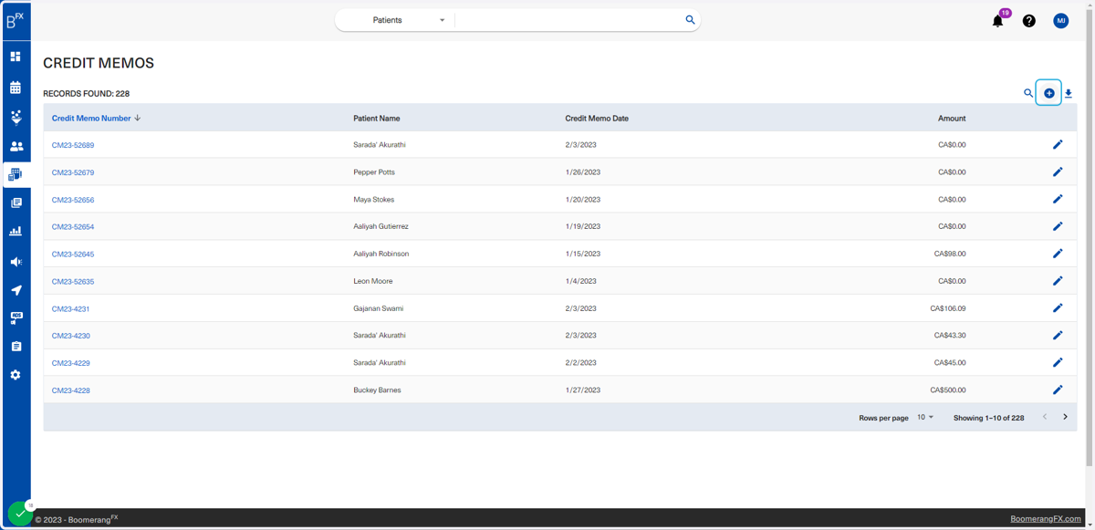 In order to add a new credit memo, users may click on the plus icon as shown below
