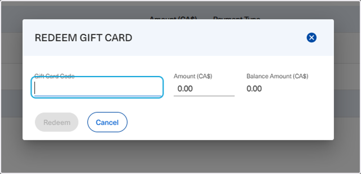 The Gift Card Code should be entered in the text field shown below