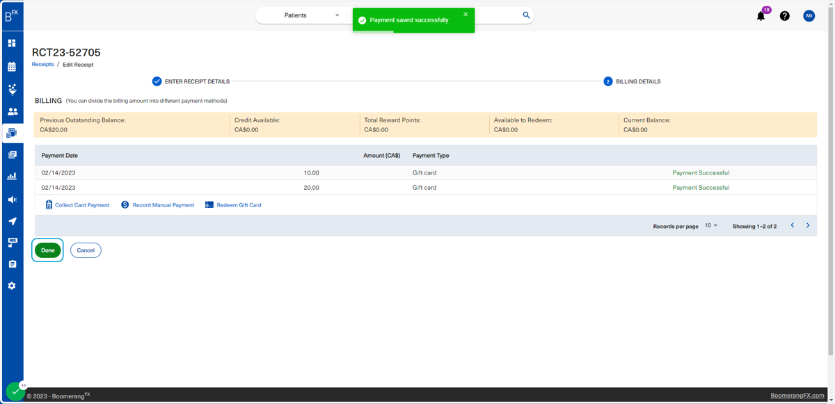 Once the payment has been completed, the user will click on Save