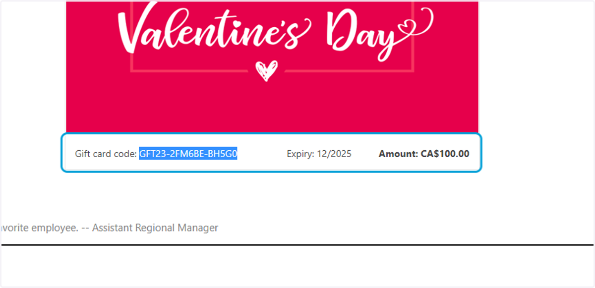 In this email, the recipient will find a Gift card code, an Expiry date, and an Amount