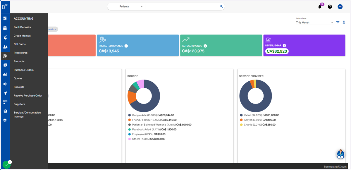 The following options in the sidebar menu allow users to complete a variety of accounting processes that are typically done within clinics