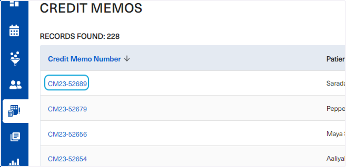 By clicking on the credit memo code link, the user will be able to view the credit memo