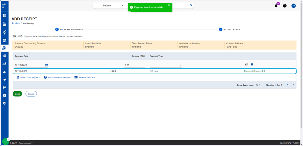 The green dropdown will appear for confirmation and the gift card payment will also appear
