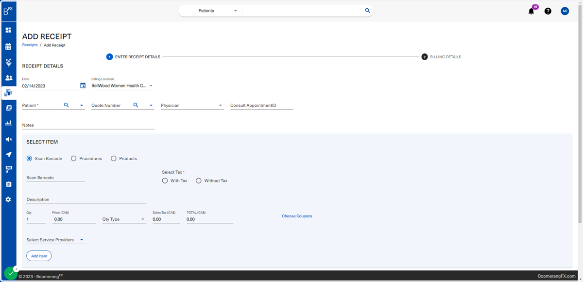 By clicking on the plus icon, the user is redirected to this page to add a new receipt