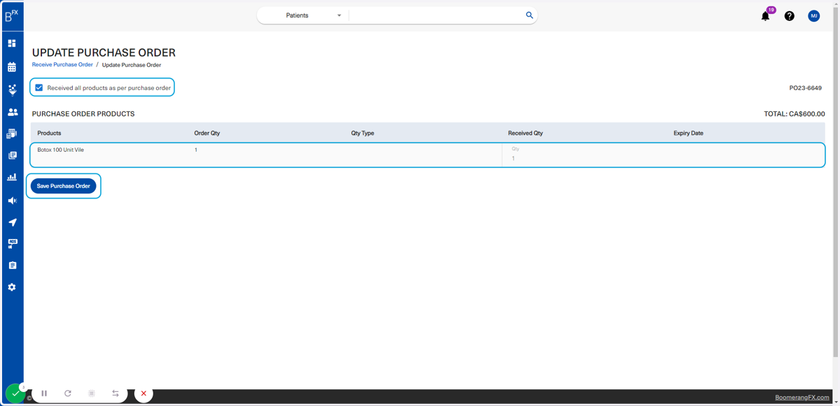 The purchase order placed earlier will populate in the table below and will also be marked as received. Once all is done and confirmed, the user will click on Save Purchase Order