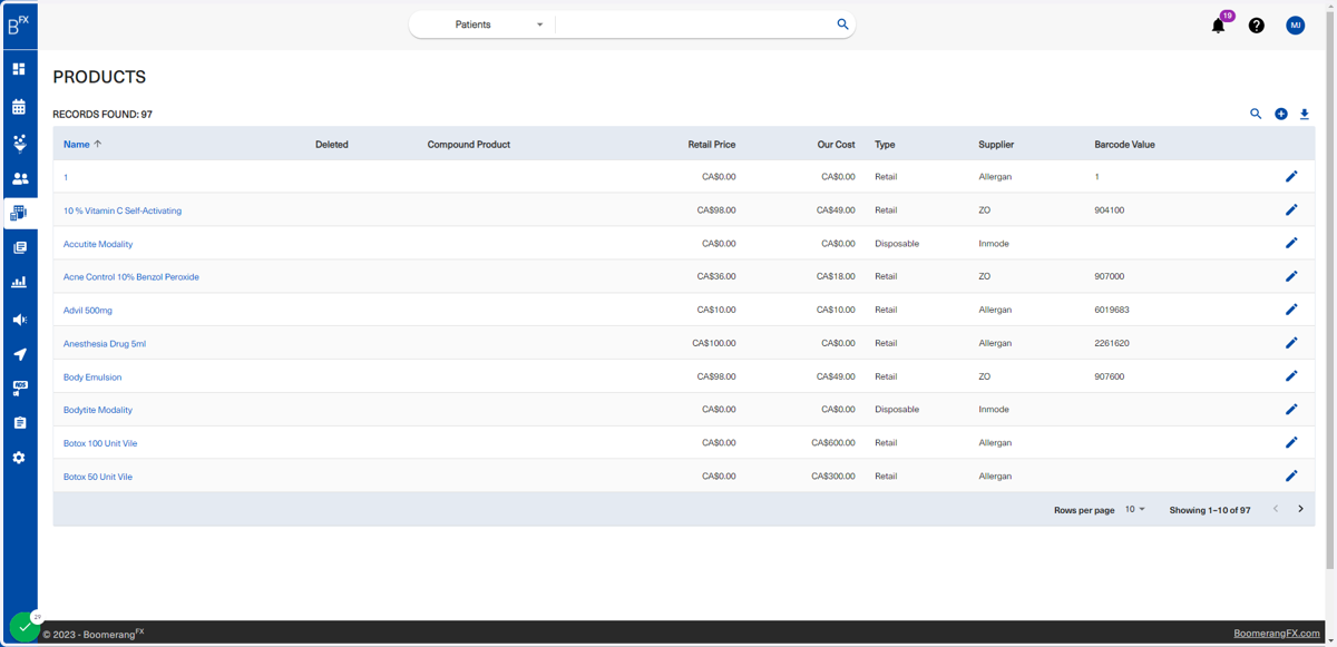 When redirected to the list of products, users are capable of adding, editing, and deleting products