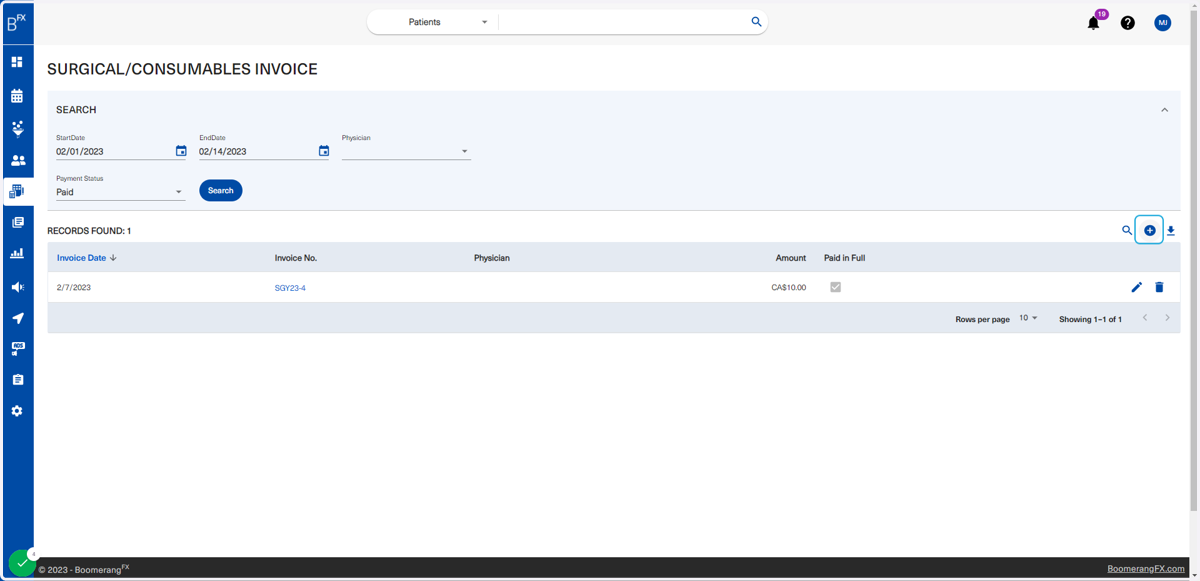 To add a new invoice, click on the plus icon