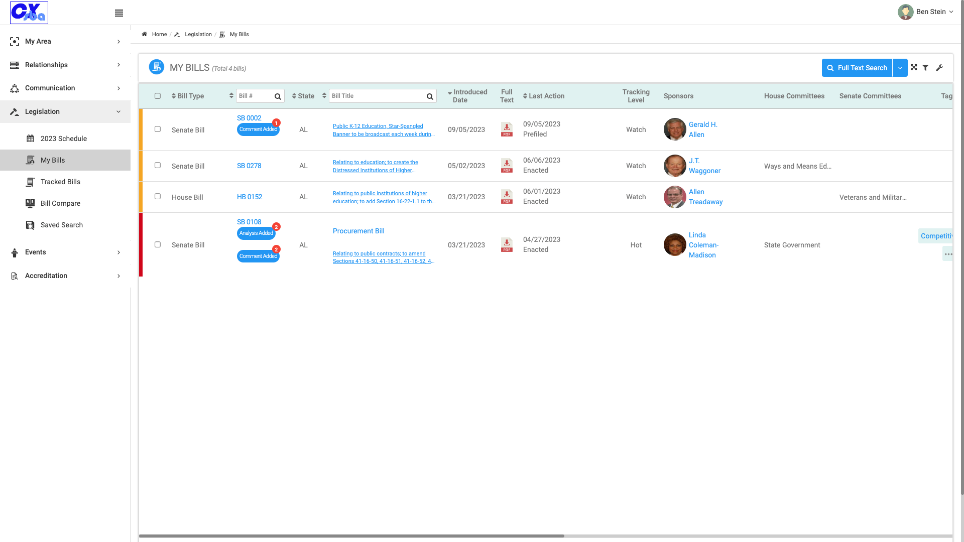 My Bills page shows all bills assigned to you