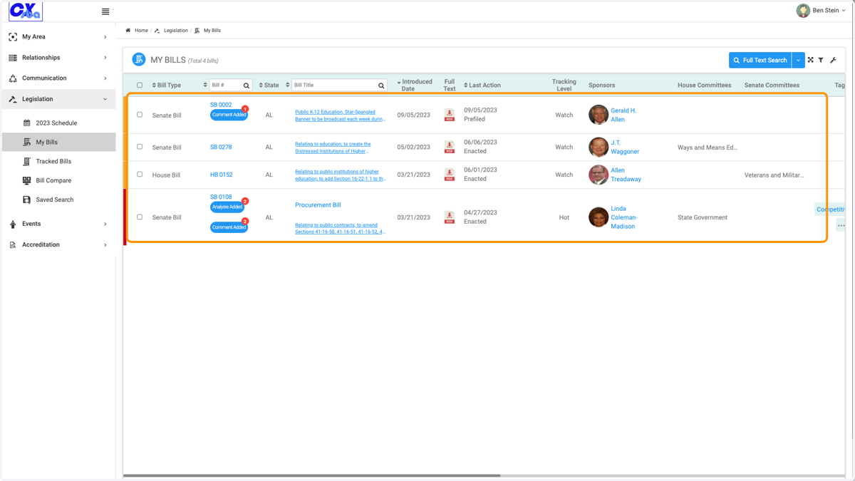 My Bills page shows all bills assigned to you
