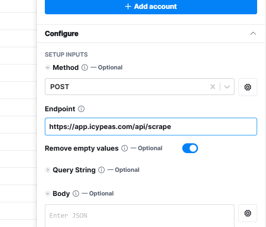 Paste the endpoint of the Icypeas API: https://app.icypeas.com/api/scrape