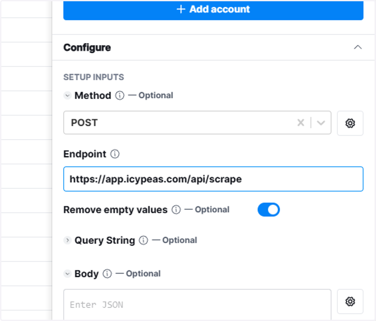 Paste the endpoint of the Icypeas API: https://app.icypeas.com/api/scrape