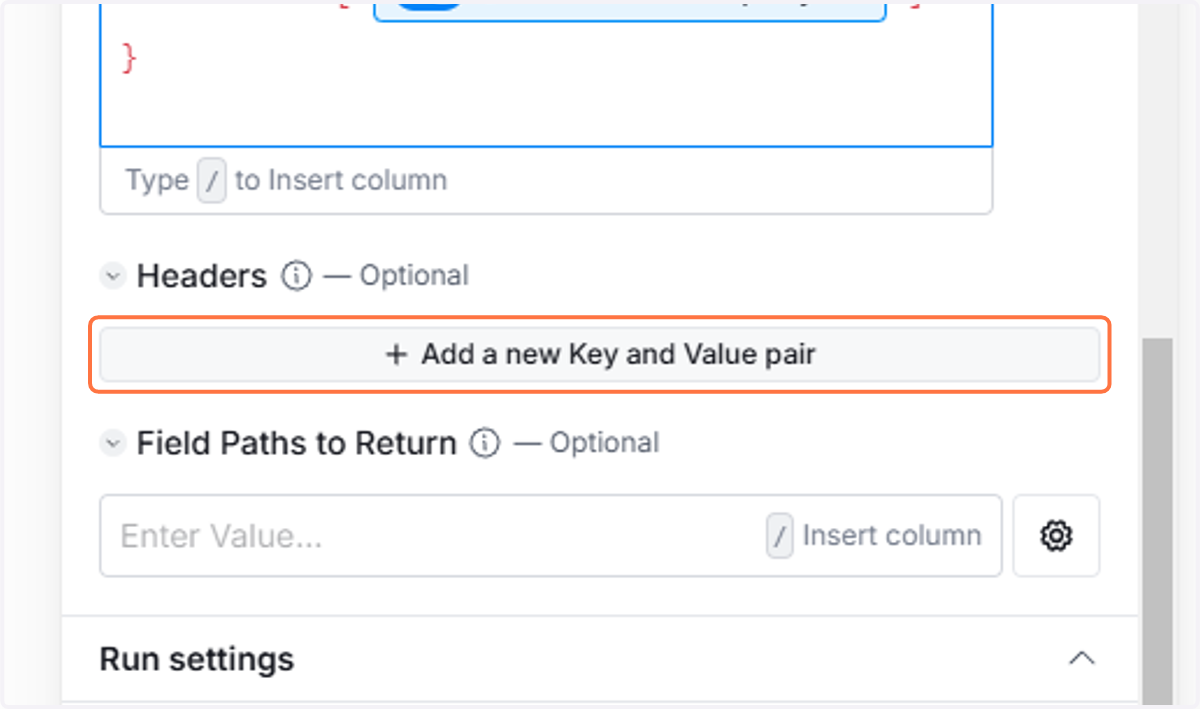 In the Header section, click on Add new Key and Value pair