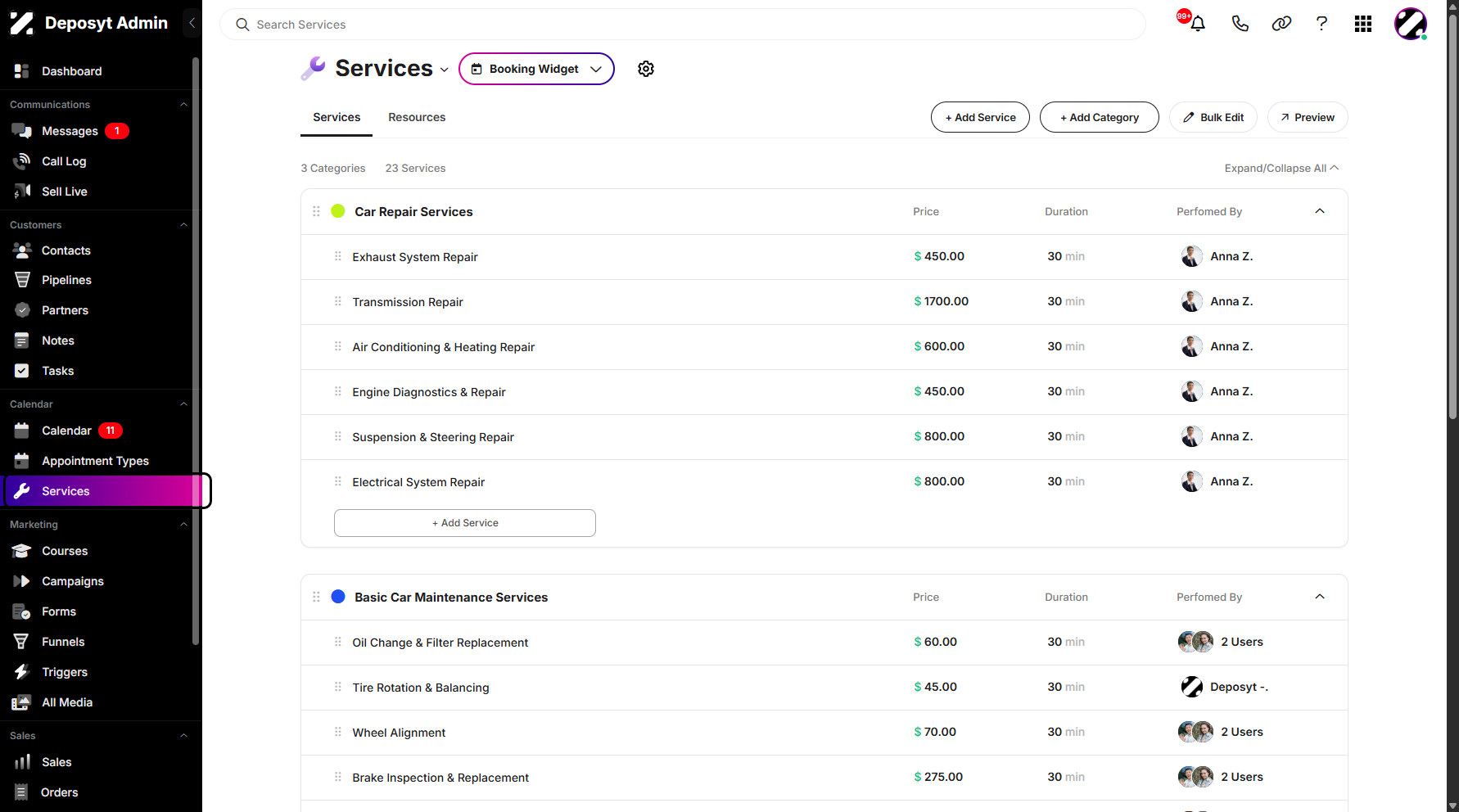 Step 1: On your Dashboard, navigate to the Services tab under the Calendar section.