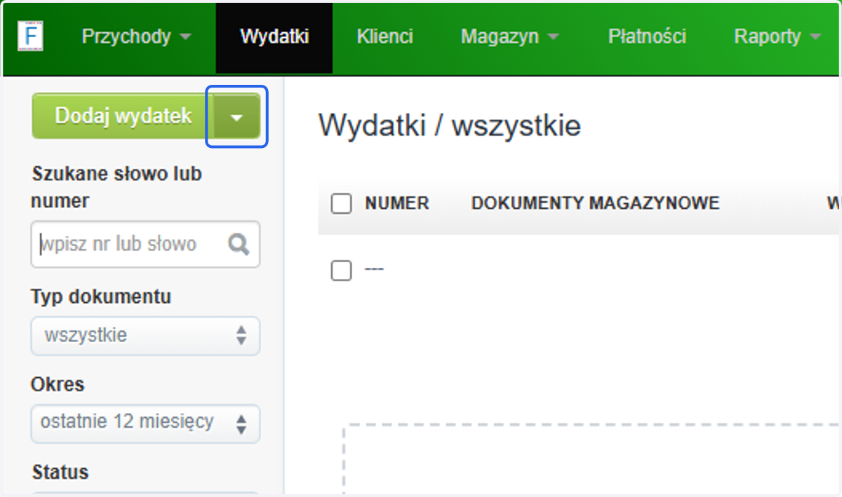 naciśnij strzałkę przy przycisku Dodaj wydatek