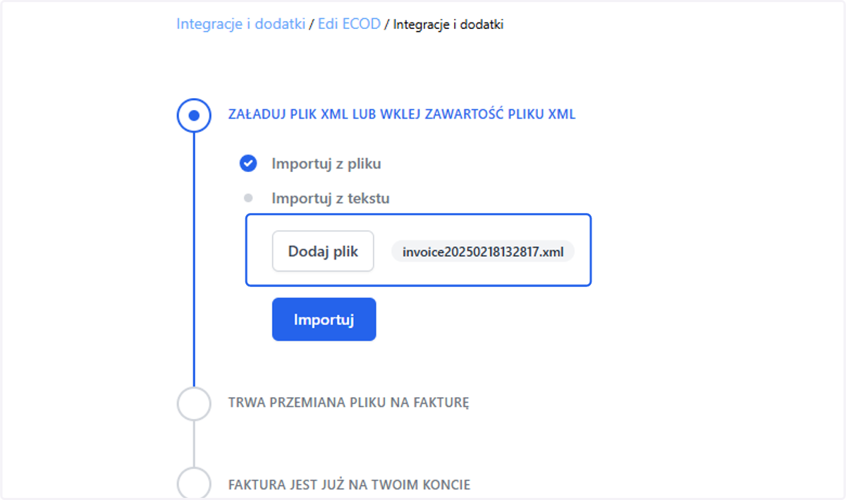 Dodaj w wyznaczonym miejscu plik Edi ECOD w formacie XML