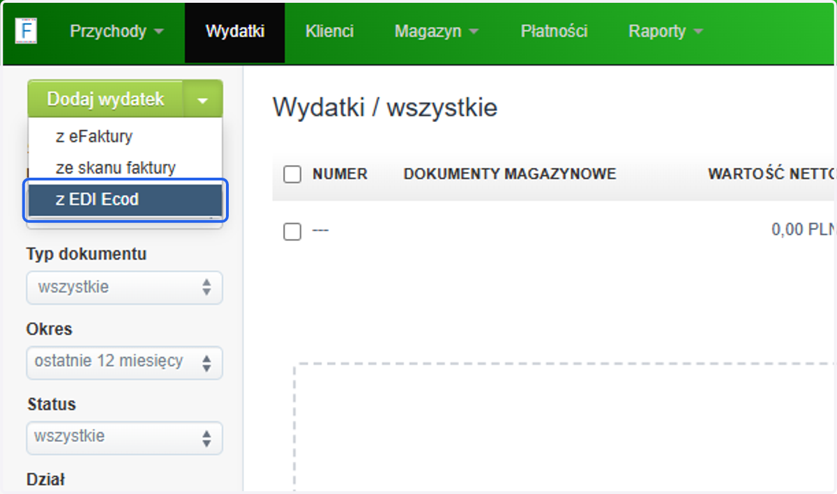 Wybierz opcję z EDI Ecod