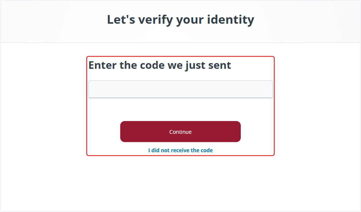 Enter the verification code you received and press Continue