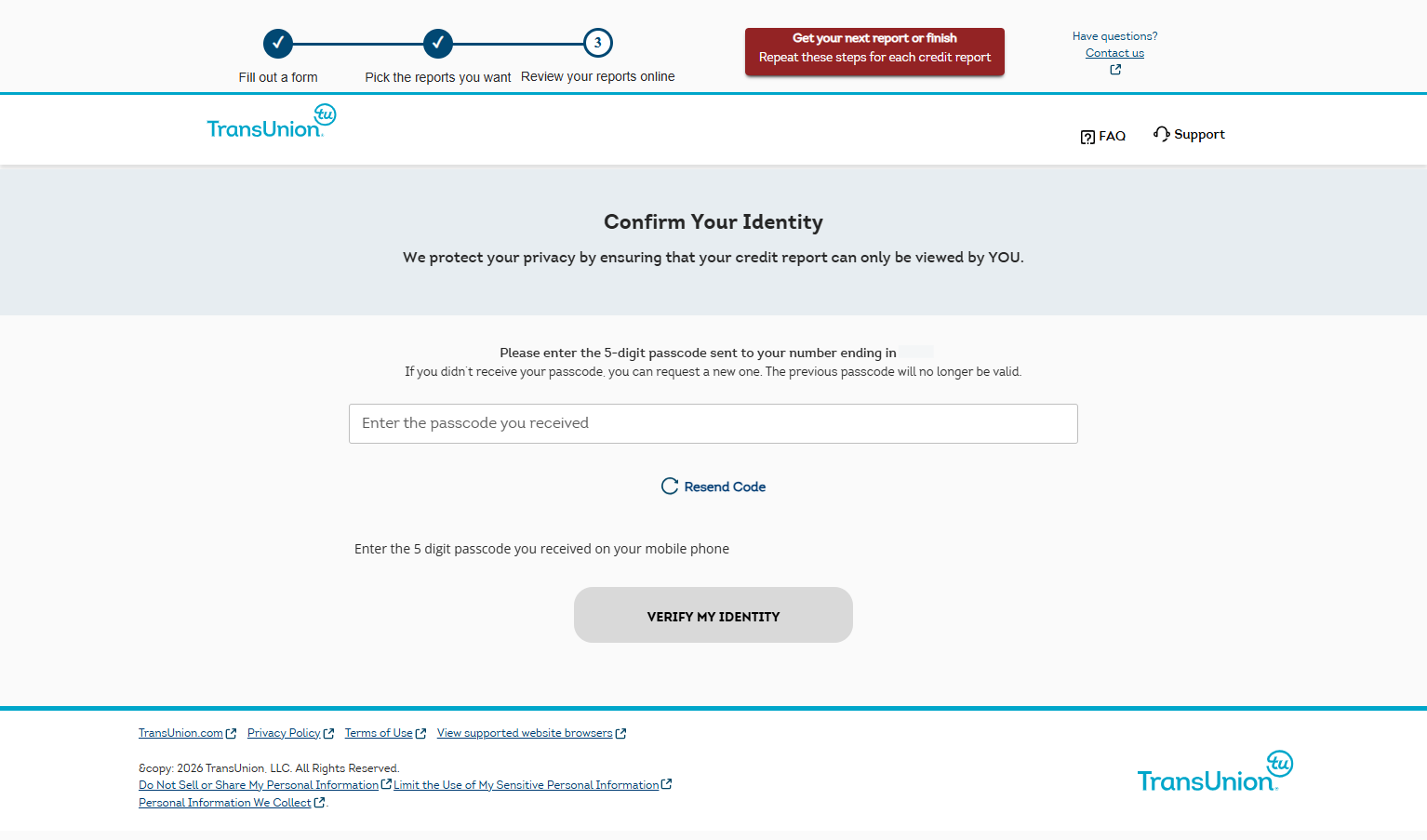 Enter the verification code you received and press Verify My Identity