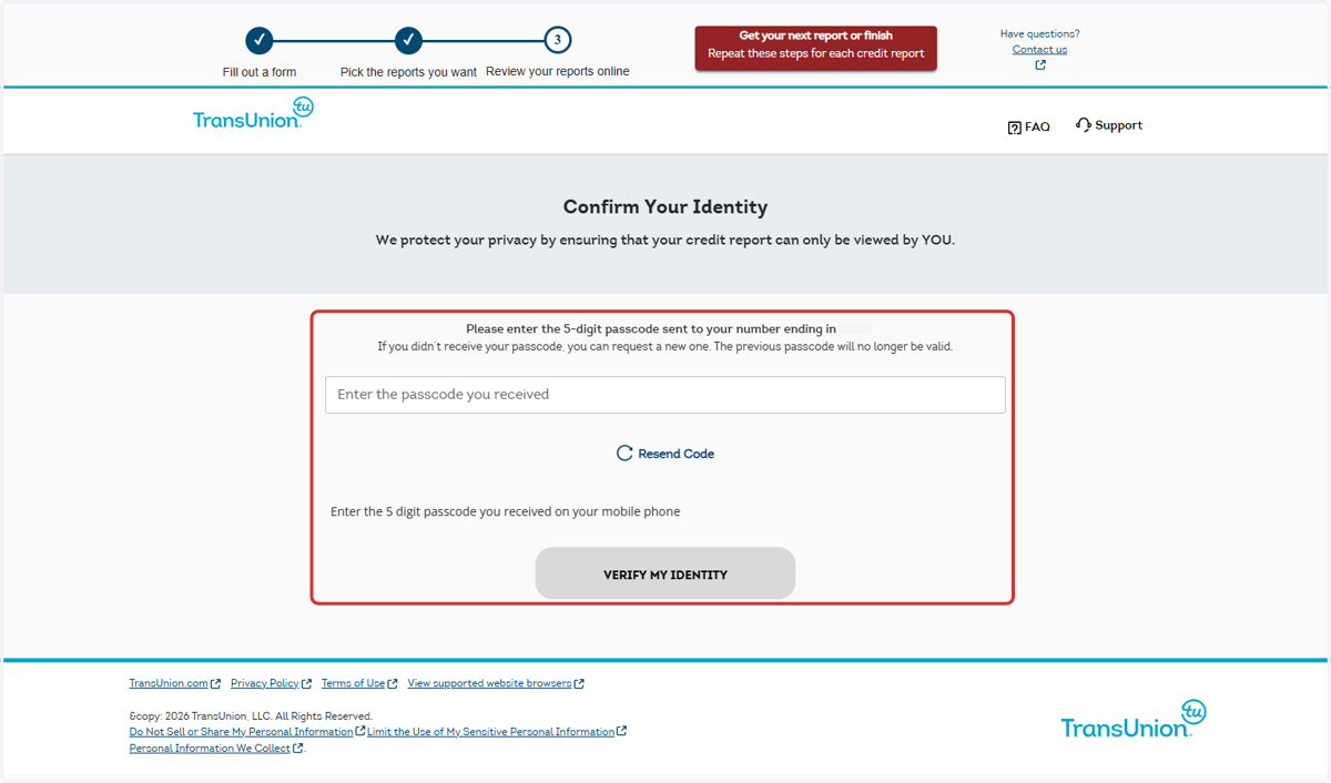 Enter the verification code you received and press Verify My Identity
