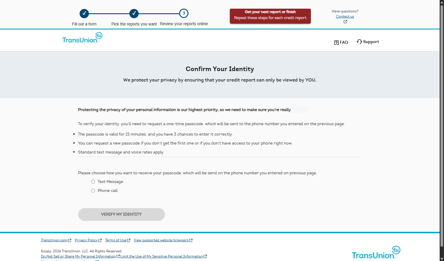 Select a method to receive your verification code and press Verify My Identity