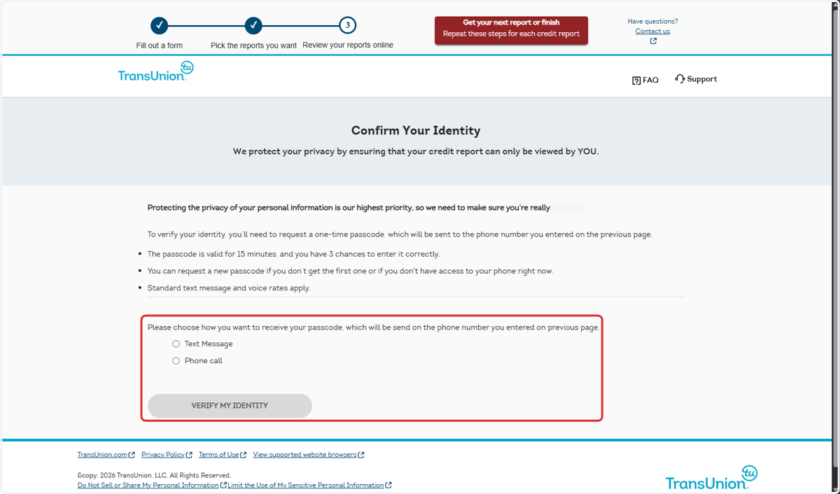 Select a method to receive your verification code and press Verify My Identity