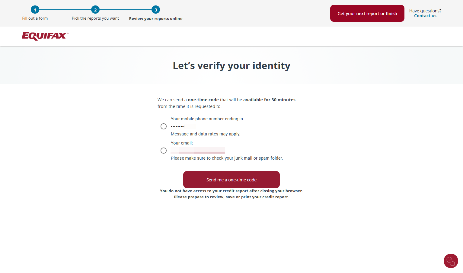 Select a method to receive your verification code and press Send me a one-time code
