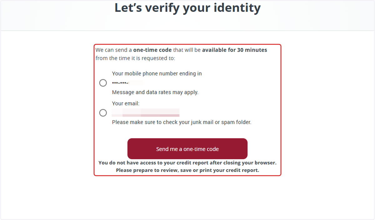 Select a method to receive your verification code and press Send me a one-time code