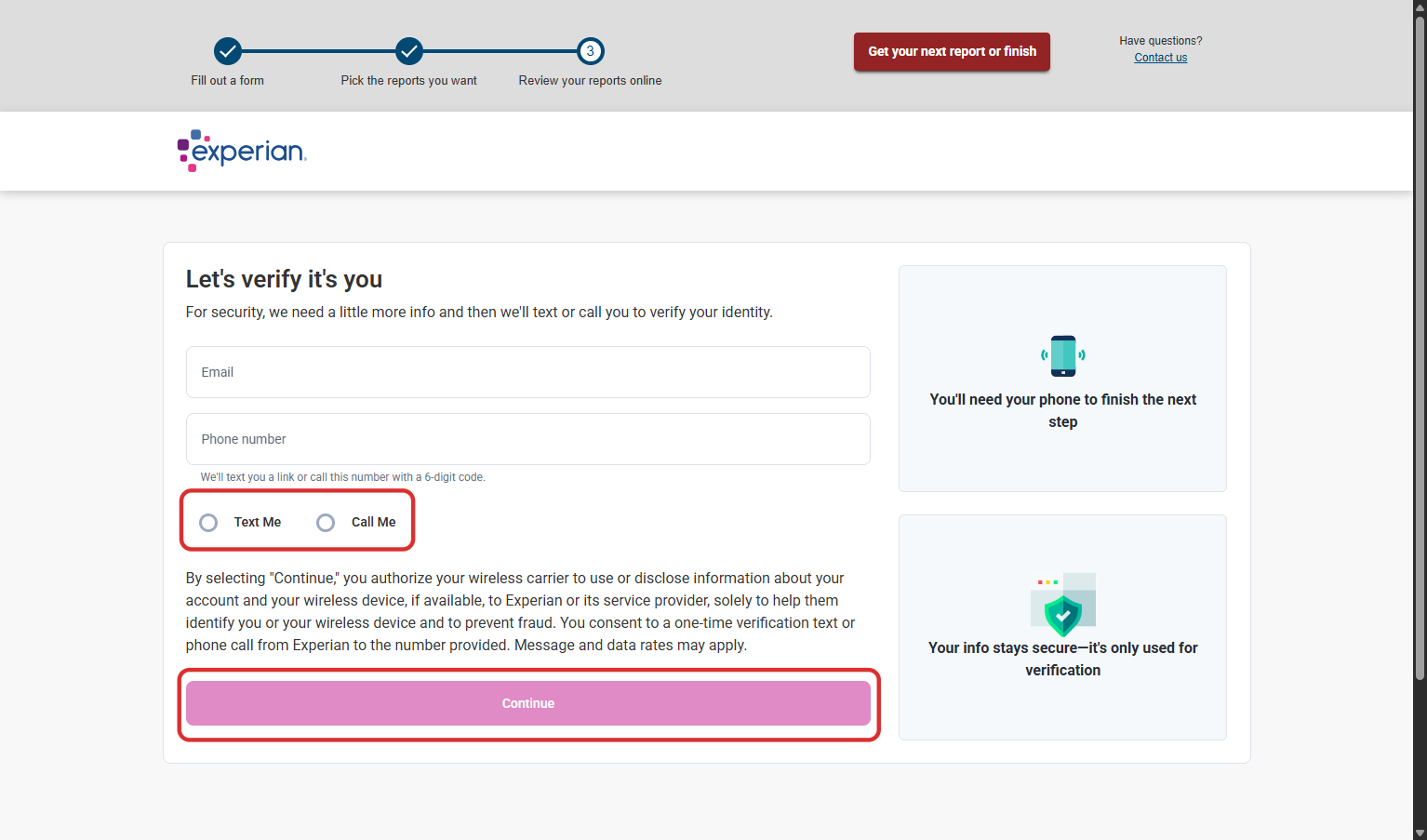 Enter your email and phone number, then select a method to receive your verification code and press Continue