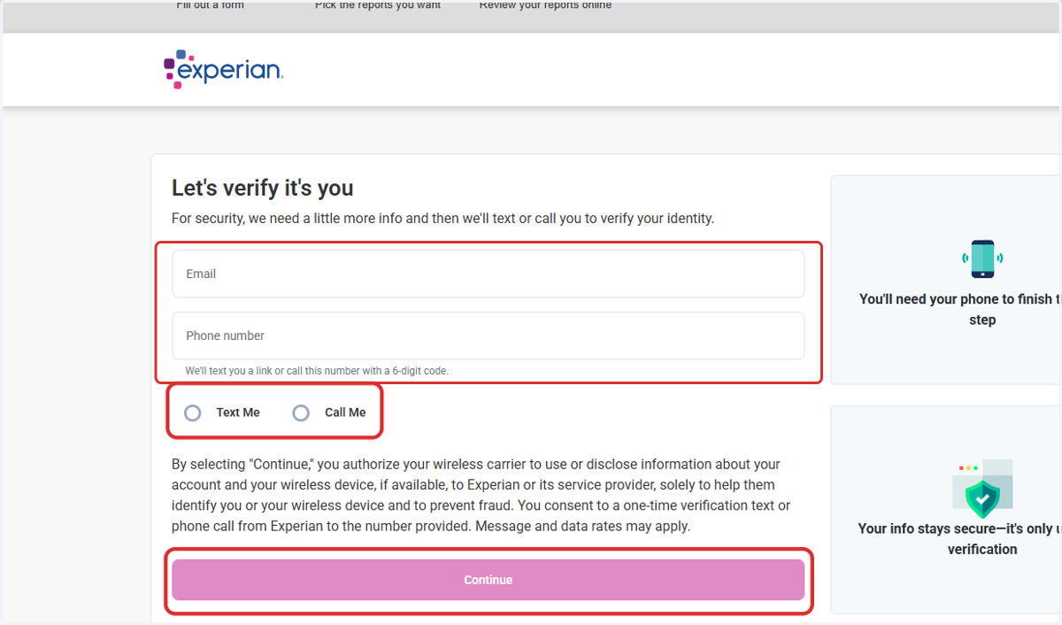Enter your email and phone number, then select a method to receive your verification code and press Continue