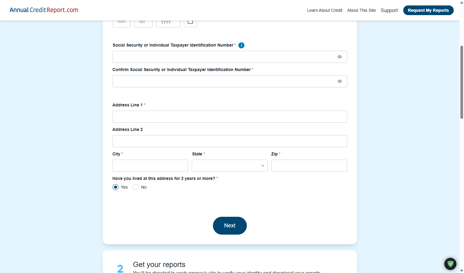 Enter your current U.S. mailing address and select if you have lived at the address for 2 years or more