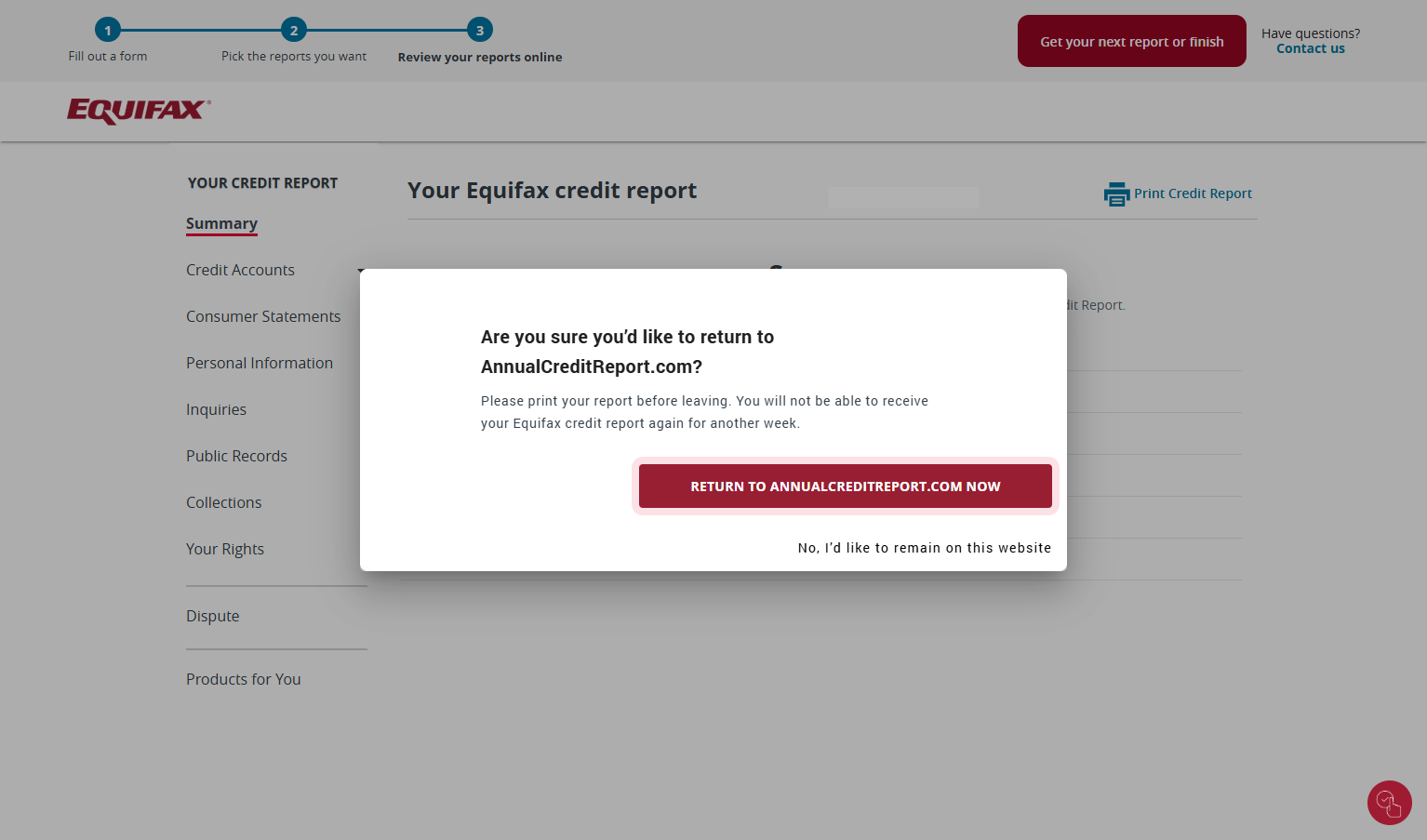 Click on RETURN TO ANNUALCREDITREPORT.COM NOW
